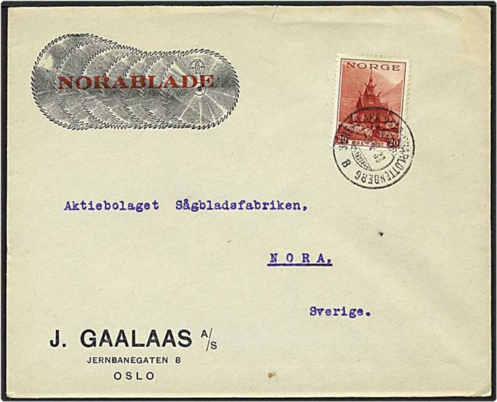 20 øre rød stavkirke på reklamekuvert for savklinger fra Oslo, Norge, d. 3.V.1938 til Nora, Sverige.