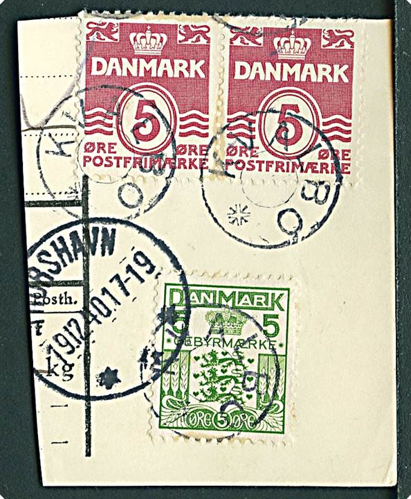 5 øre Bølgelinie (par) og 5 øre Gebyrmærke på brevklip fra adressekort annulleret med udslebet stjernestempel KVALBO og sidestemplet Thorshavn d. 19.12.1940.