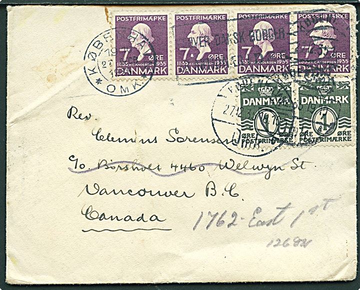1 øre Bølgelinie (2) og 7 øre H. C. Andersen (4) på 30 øre frankeret brev fra København d. 27.12.1935 til Vancouver, Canada - eftersendt. På bagsiden glansbillede bundet til brevet.