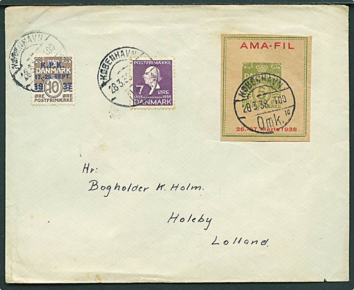 7 øre H. C. Andersen, 10 øre K.P.K. Provisorium og 5 øre AMA-FIL udstillingsmærke på brev fra København d. 28.3.1938 til Holeby.