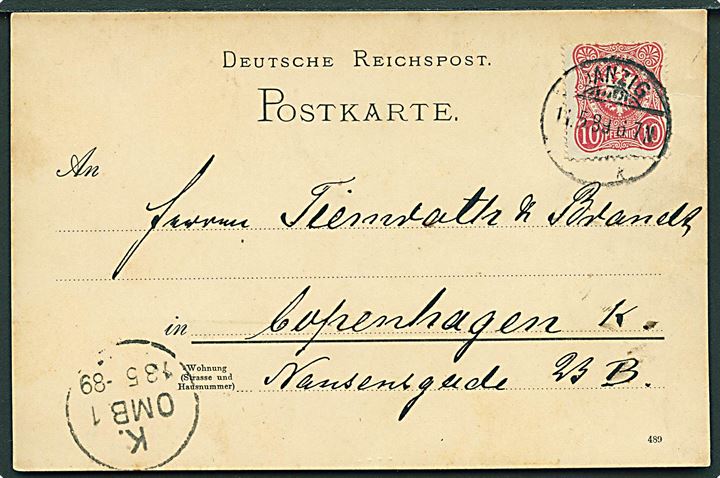 10 pfg. Adler på brevkort stemplet Danzig d. 11.5.1889 til Kjøbenhavn, Danmark.
