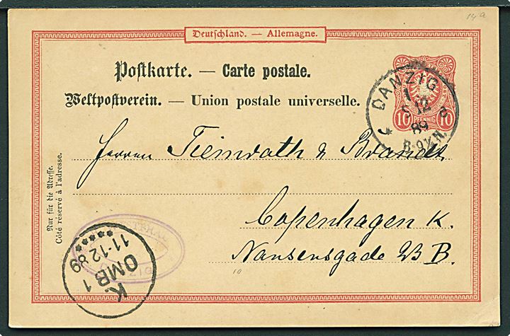 10 pfg. helsagsbrevkort fra Danzig d. 9.12.1889 til Kjøbenhavn, Danmark.