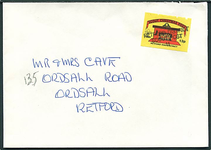 13d Scout Christmas Post 1993 mærke på lokalbrev stemplet Retford District Scout Post 11. 