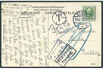 5 øre Fr. VIII på underfrankeret brevkort fra Vejen d. 13.3.1911 til Råhede pr. Hvidding i Nordslesvig. Rammestempel Utilstrækkelig frankeret og udtakseret i 10 pfg. tysk porto.