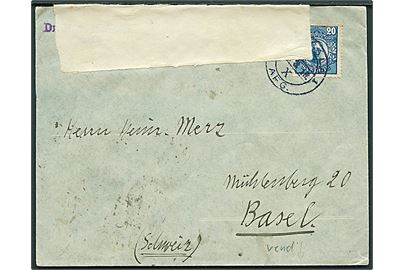 20 öre Gustaf single på brev fra Upsala d. x.3.1916 til Basel, Schweiz. Åbnet af tysk censur i Hamburg.