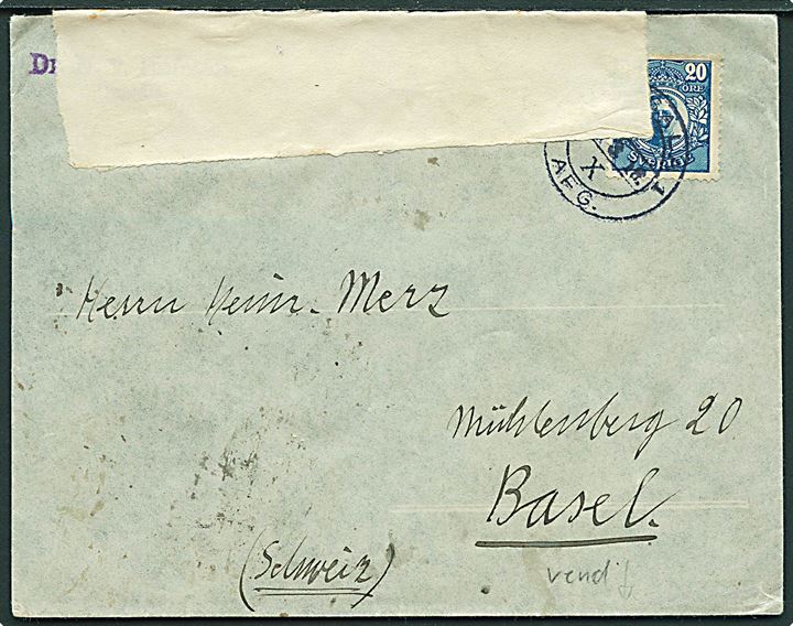 20 öre Gustaf single på brev fra Upsala d. x.3.1916 til Basel, Schweiz. Åbnet af tysk censur i Hamburg.