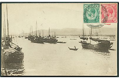 Strait Settlements 2 c. og 4 c. George V på billedsiden af brevkort fra Penang d. 21.10.1922 til Reykjavik, Island. Usædvanlig destination.