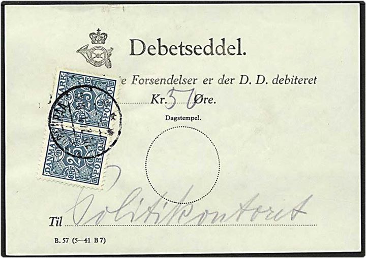 Debetseddel med 25 øre blå portomærker fra Aabenraa d. 14.7.1944.