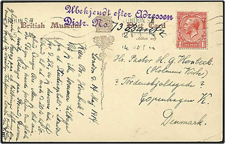 1 penny rød på postkort fra London, England, d. 14.5.1914 til København. Stemplet: Modtageren ubekendt efter adressen.
