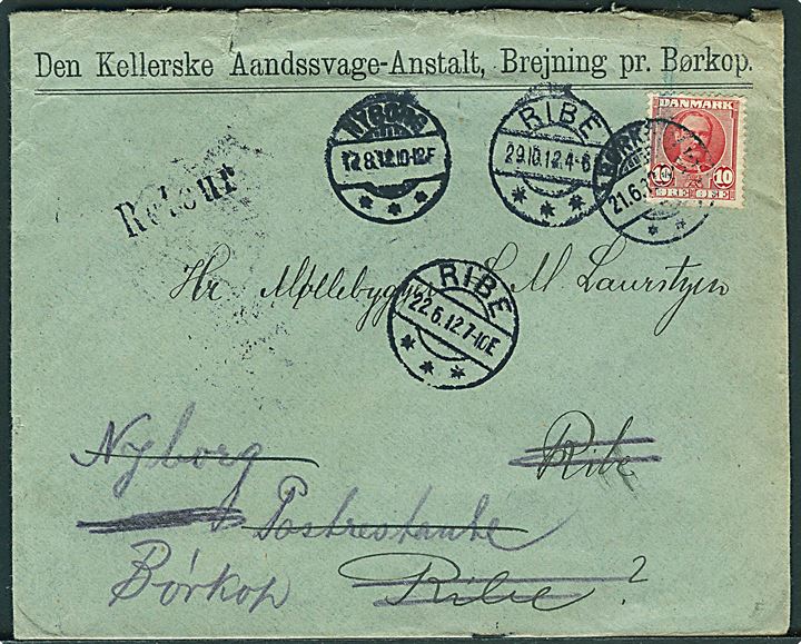 10 øre Fr. VIII på brev fra Den Kellerske Aandssvage-Anstalt I Brejning stemplet Børkop d. 21.6.1912 til Ribe - eftersendt til poste restante i Nyborg og returneret med 2-sproget retur-etiket: Flyttet, hvorhen vides ikke.