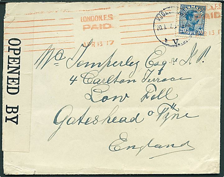 20 øre Chr. X single på brev fra Kjøbenhavn d. 20.9.1917 til Gateshead, England. Transit stemplet London F.S. Paid d. 13.4.1917 og åbnet af britisk censur no. P.W.178.