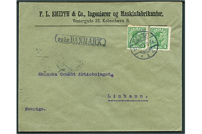5 øre Chr. X (2) på brev fra Kjøbenhavn annulleret med svensk stempel Malmö d. 27.10.1915 og sidestemplet Från Danmark til Linhamn, Sverige.