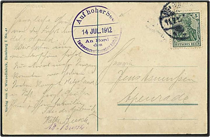 5 pfennig grøn på postkort d. 14.7.1912 til Aabenraa. Stemplet : Auf hoher See.