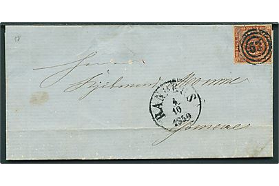 4 sk. 1858 udg. på brev annulleret med nr.stempel 53 og sidestemplet antiqua Randers d. 4.10.1859 til Grenaa.