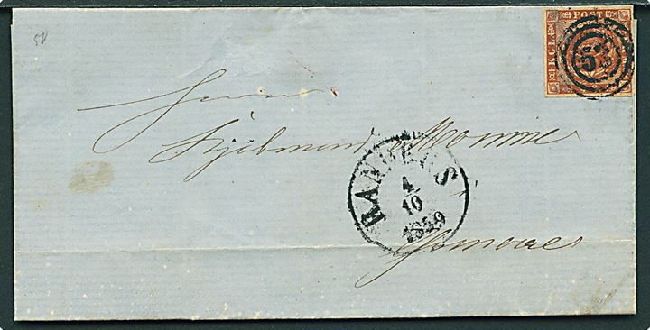 4 sk. 1858 udg. på brev annulleret med nr.stempel 53 og sidestemplet antiqua Randers d. 4.10.1859 til Grenaa.