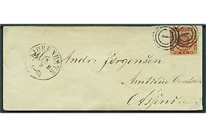 4 sk. stukken kant på brev annulleret med nr.stempel 1 og sidestemplet antiqua Kjøbenhavn KB d. 28.9.1863 til Assens. Bagklap mgl.