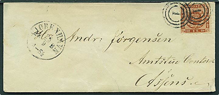 4 sk. stukken kant på brev annulleret med nr.stempel 1 og sidestemplet antiqua Kjøbenhavn KB d. 28.9.1863 til Assens. Bagklap mgl.