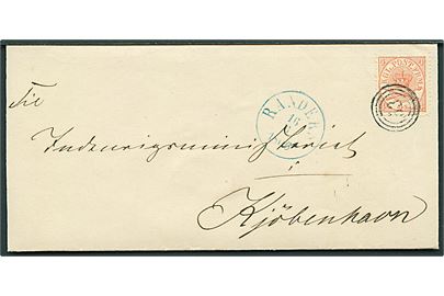 4 sk. Krone/Scepter på brev annulleret med nr.stempel 53 og sidestemplet med BLÅT antiqua Randers d. 16.6.1866 til Kjøbenhavn.