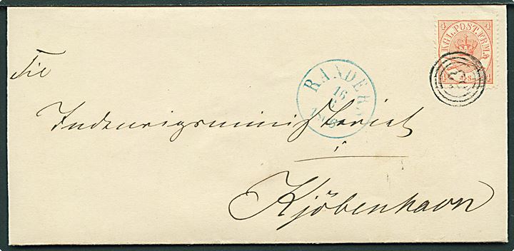 4 sk. Krone/Scepter på brev annulleret med nr.stempel 53 og sidestemplet med BLÅT antiqua Randers d. 16.6.1866 til Kjøbenhavn.