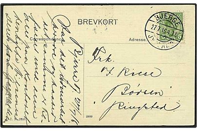 5 øre grøn Chr. X på postkort fra Bjerge d. 27.7.1916 til Ringsted. Bjerge / Jylland IIb brotypestempel.