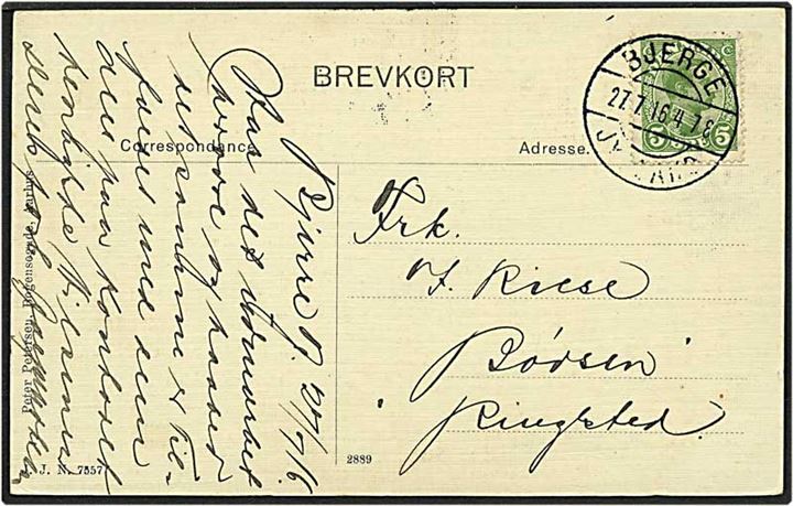 5 øre grøn Chr. X på postkort fra Bjerge d. 27.7.1916 til Ringsted. Bjerge / Jylland IIb brotypestempel.