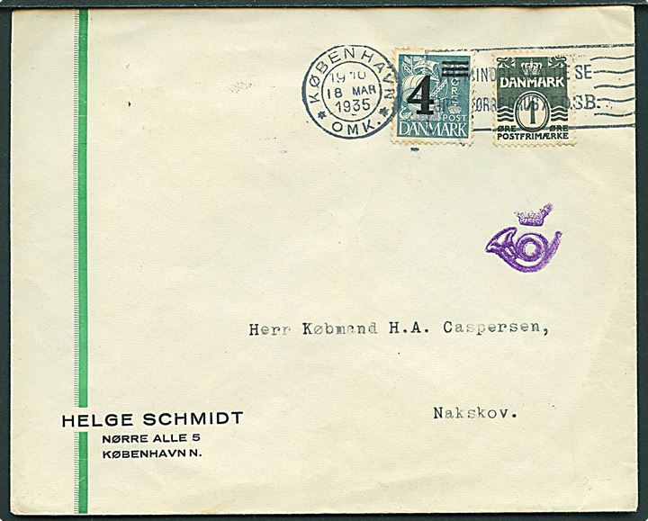 1 øre Bølgelinie og 4/25 øre Provisorium på tryksag fra København d. 18.3.1935 til Nakskov. Violet tryksagskontrolstempel.