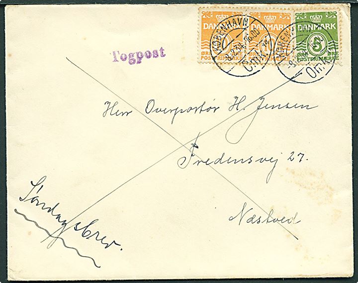 5 øre og 10 øre (par) Bølgelinie på søndagsbrev fra Lyngby d. 8.12.1934 sidestemplet Togpost til Næstved. 