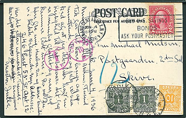 Amerikansk 2 cents Washington på underfrankeret brevkort fra New York d. 4.6.1936 til Skive, Danmark. Udtakseret i porto med 1 øre (2) og 10 øre Portomærke annulleret med brotype Id Skive JB.P.E. d. 12.6.1936.