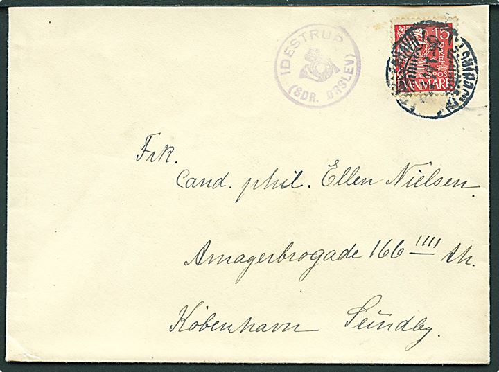 15 øre Karavel på brev annulleret med bureaustempel Kjøbenhavn - Nykjøbing F. T.90  ca. 1934 og sidestemplet med posthornstempel IDESTRUP (SDR. ØRSLEV) til København. Del af bagklap mgl.