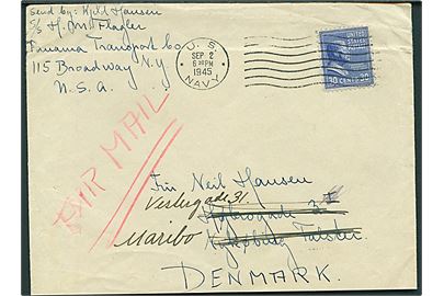 30 cents Roosevelt på luftpostbrev stemplet U.S.Navy d. 2.9.1945 til Nykøbing F., Danmark - eftersendt til Maribo. Fra dansk sømand ombord på S/S H.M.Fagler, Panama Transport Co. Revet på bagsiden.