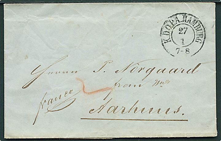 1855. Ufrankeret francobrev med antiqua K.D.O.P.A. Hamburg d. 27.1.1855 til Aarhuus. Påskrevet 2 sk. bærepenge.