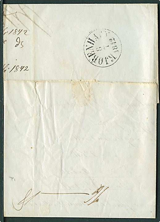 1842. Francobrev med antiqua Kjøbenhavn d. 8.7.1842 til Randers. Vandret streg for kontrolvejning.