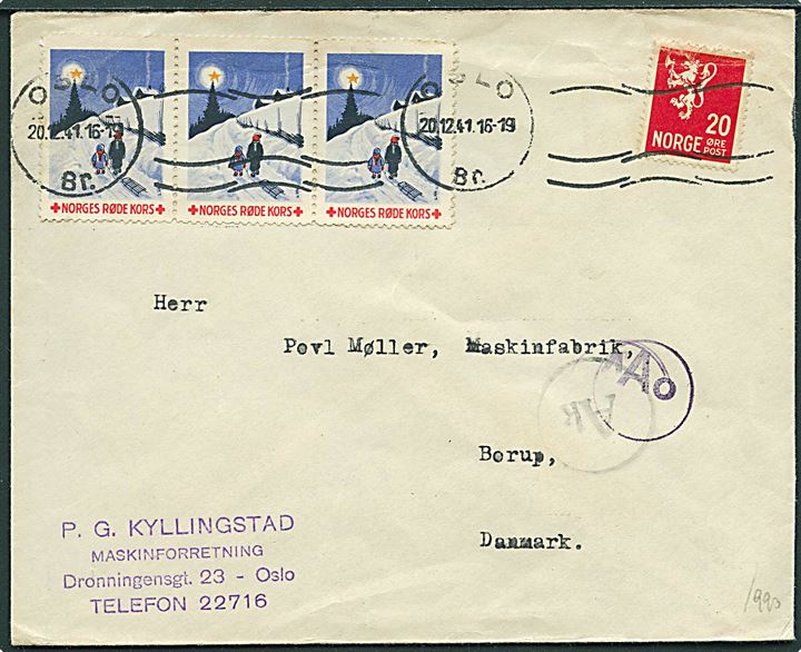 20 øre Løve og Norsk Røde Kors Julemærke i 3-stribe på brev fra Oslo d. 20.12.1941 til Borup, Danmark. Passér stemplet Ao og Ak.