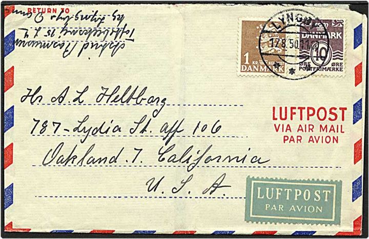 10 øre violet bølgelinie og 1 kr. brun rigsvåben på luftpost brev fra Lyngby d. 17.8.1950 til USA.