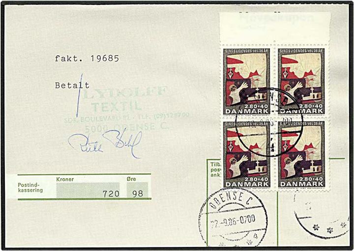 2,80 + 40 kr. flerfarvet Sindslidende Vel, 4 blok, på indbetalingskort fra Odense d. 18.9.1986.
