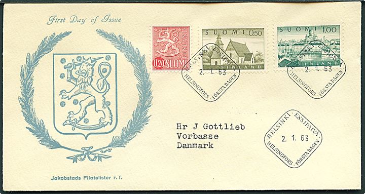 Dagligmærker på 2 fortrykte FDC'er stemplet Helsinki d. 2.1.1963 til Vorbasse, Danmark. AFA: 250