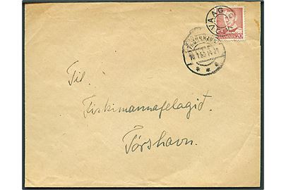 20 øre Fr. IX på brev annulleret med udslebet stjernestempel MIDVAAG og sidestemplet Thorshavn d. 18.1.1950 til Thorshavn.