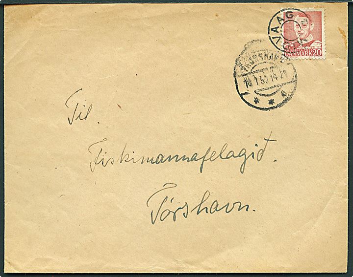 20 øre Fr. IX på brev annulleret med udslebet stjernestempel MIDVAAG og sidestemplet Thorshavn d. 18.1.1950 til Thorshavn.