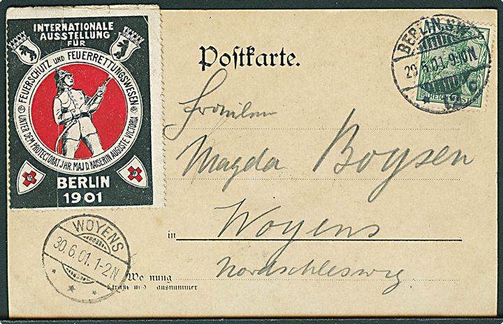 5 pfg. Germania på brevkort fra Berlin d. 20.6.1901 til Woyens. Stor mærkat fra Internationale Ausstellung für Feuerschutz und Feuerrettungswesen Berlin 1901. 