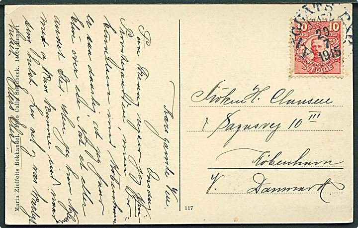 10 öre Gustaf på brevkort fra Gränna annulleret med dampsskibsstempel Ångbåts PXP No. 152 d. 29.7.1915 til København. Stempel benyttet ombord på S/S Södra Vettern på ruten Jönköping-Gränna-Visingsö.