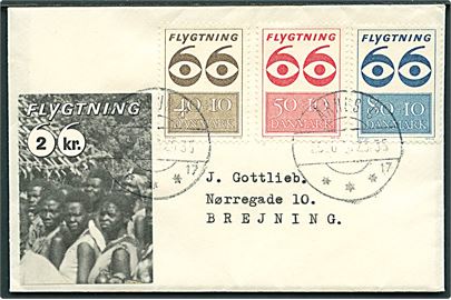 Komplet sæt Flygtning 66udg. og 2 kr. Flygtning mærkat på lille brev fra Århus C. 1966 til Brejning.