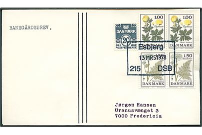 20 øre Bølgelinie og komplet sæt Truet flora i parstykker på filatelistisk banegårdsbrev annulleret med rammestempel Esbjerg 215 DSB d. 13.3.1978 til Fredericia.