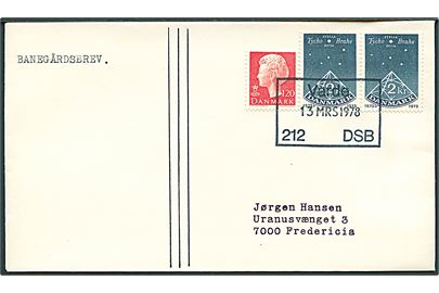 120 øre Margrethe og 2 kr., Thyco Brahe i parstykke på filatelistisk banegårdsbrev annulleret med rammestempel Varde 212 DSB d. 13.3.1978 til Fredericia.