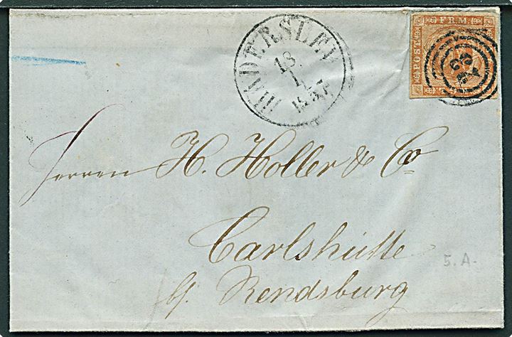 4 sk. 1854 udg. på brev annulleret med nr.stempel 23 og sidestemplet antiqua Haderslev d. 18.1.1857 til Carlshütte pr. Rendsburg.