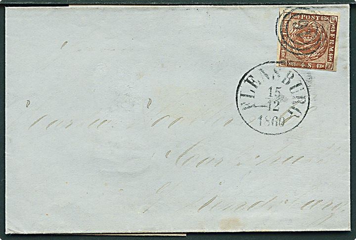 4 sk. 1858 udg. på brev annulleret med nr.stempel 16 og sidestemplet antiqua Flensburg d. 15.12.1860 til Carlshütte pr. Rendsburg.