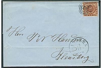 4 sk. 1858 udg. på brev annulleret med nr.stempel 53 og sidestemplet antiqua Randers d. 23.11.1860 til Flensburg.
