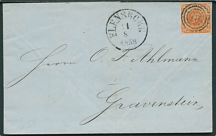 4 sk. 1858 udg. på brev annulleret med nr.stempel 16 og sidestemplet antiqua Flensborg d. 31.8.1858 til Gravenstein.