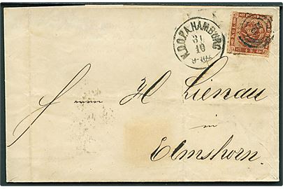 4 sk. stukken kant på brev annulleret med nr.stempel 2 og sidestemplet lapidar K.D.O.P.A. Hamburg d. 31-10-1863 til Elmshorn.