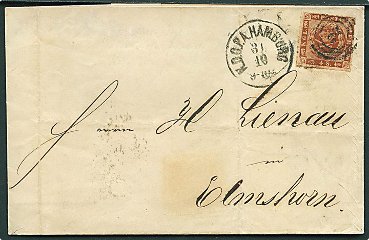 4 sk. stukken kant på brev annulleret med nr.stempel 2 og sidestemplet lapidar K.D.O.P.A. Hamburg d. 31-10-1863 til Elmshorn.
