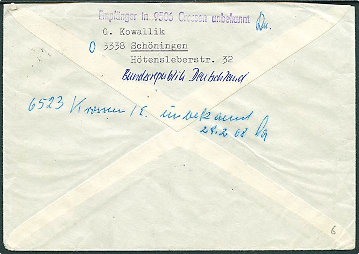 Postkrig. 20 pfg. Vertreibung oversværtet, samt 20 pfg. og 30 pfg. Bygninger på brev fra Schöningen d. 18.2.1968 til Crossen, DDR. Retur som ubekendt. 